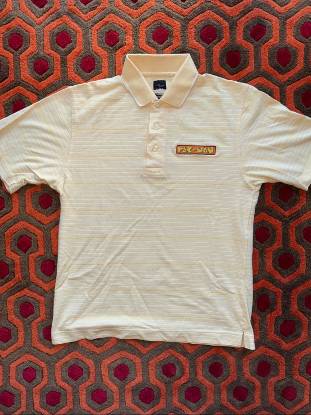 MAKE OFFER! Yellow Striped Polo Shirt Pac-Man Chest Patch Shirt Men's Medium